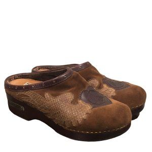 Lucky Brand Womens Clogs Size 8.5M Brown Leather Suede Peace Sign